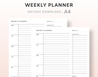 A4 Undated Weekly Planner Inserts | Week on One Page Printable PDF | Lined Printable Weekly Planner Pages | Undated Weekly Checklist Refill