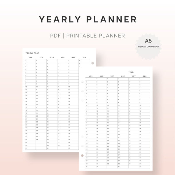 A5 Yearly Printable Planner Inserts | Year at a Glance | Yearly Planner on 2 Pages | 12 Month Overview | Yearly Agenda | Yearly Tracker