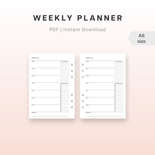 A6 Weekly Undated Printable Planner inserts | Week on One Page PDF | Simple Weekly Agenda | Printable Undated Weekly Plan Templates Refill