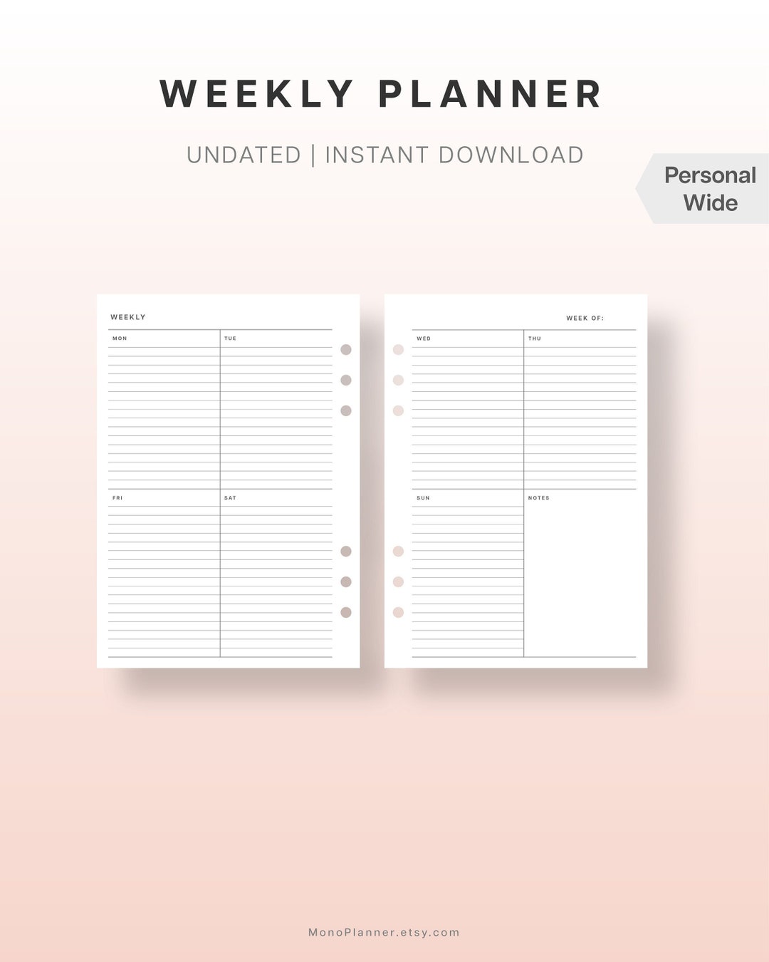 Personal Wide Undated Weekly Printable Planner Week on Two - Etsy