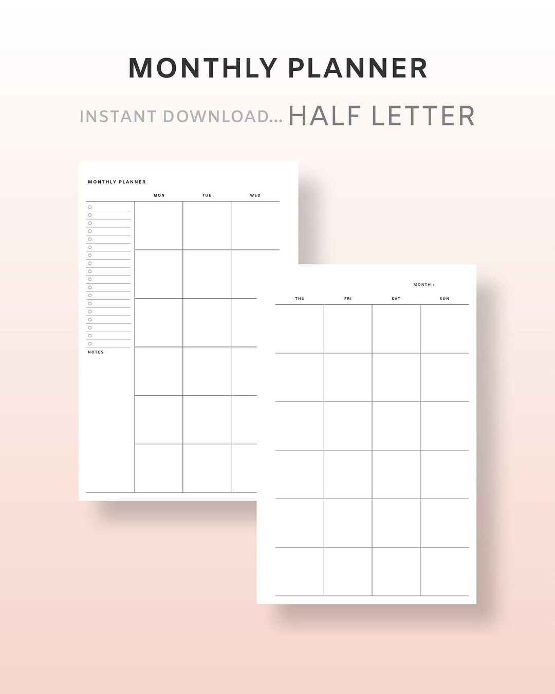 Half Letter Monthly Printable Planner Undated Planner PDF Month on Two ...