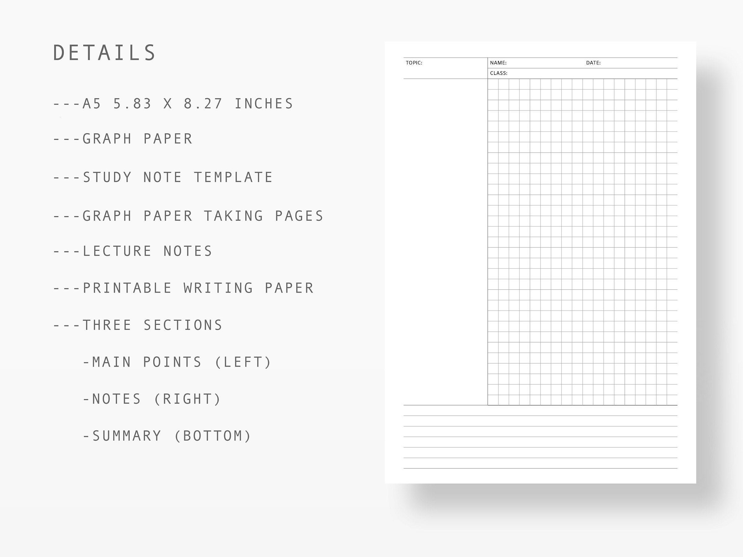 A5 cornell notes with graph paper pdf inserts student etsy