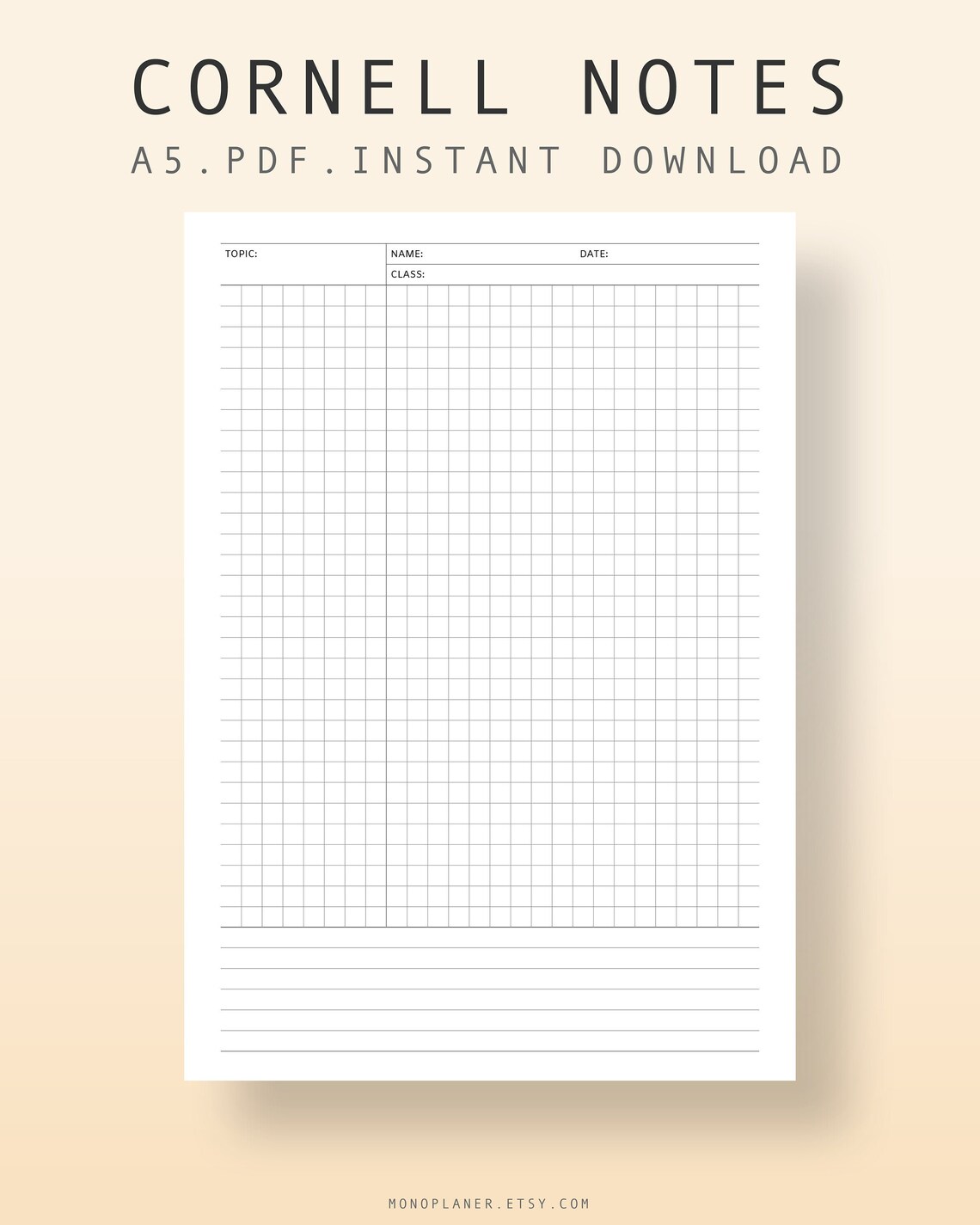 A5 Cornell Note with Graph Paper PDF Inserts Student Cornell | Etsy