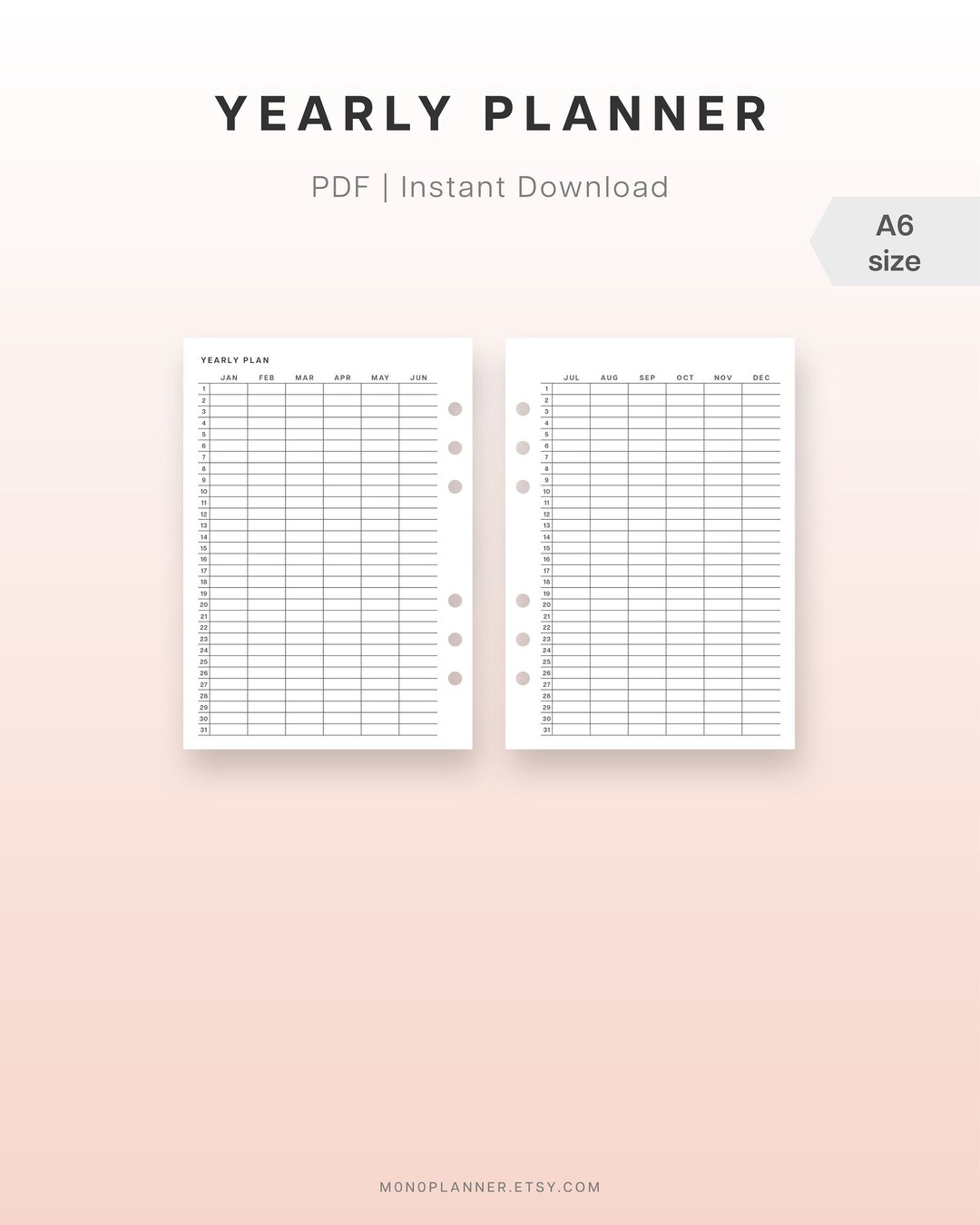 A6 Yearly Printable Planner Inserts Year at a Glance Yearly Planner on ...