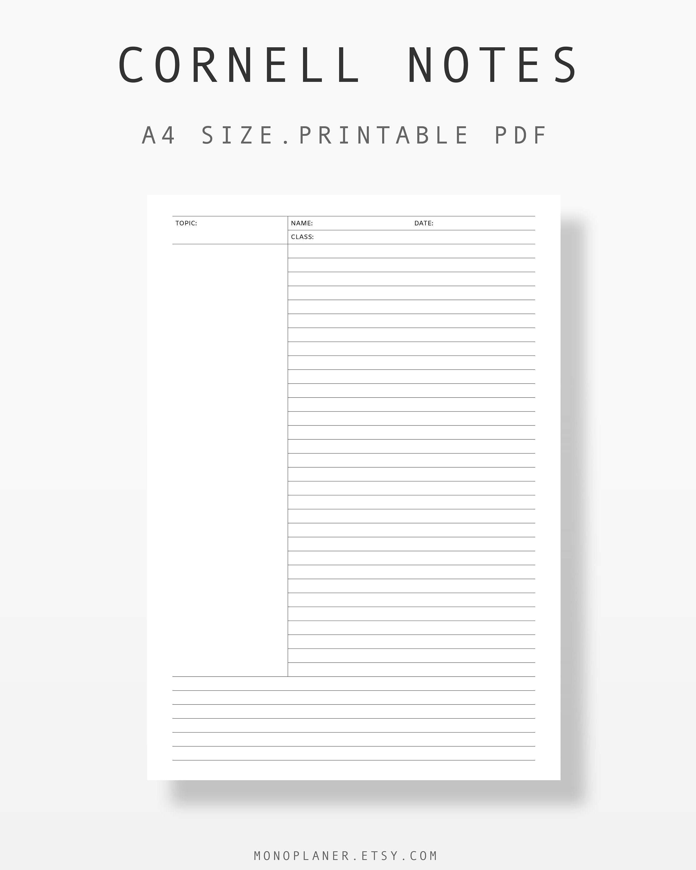 A4 Cornell Note Printable PDF Inserts / Student Cornell Notes Etsy