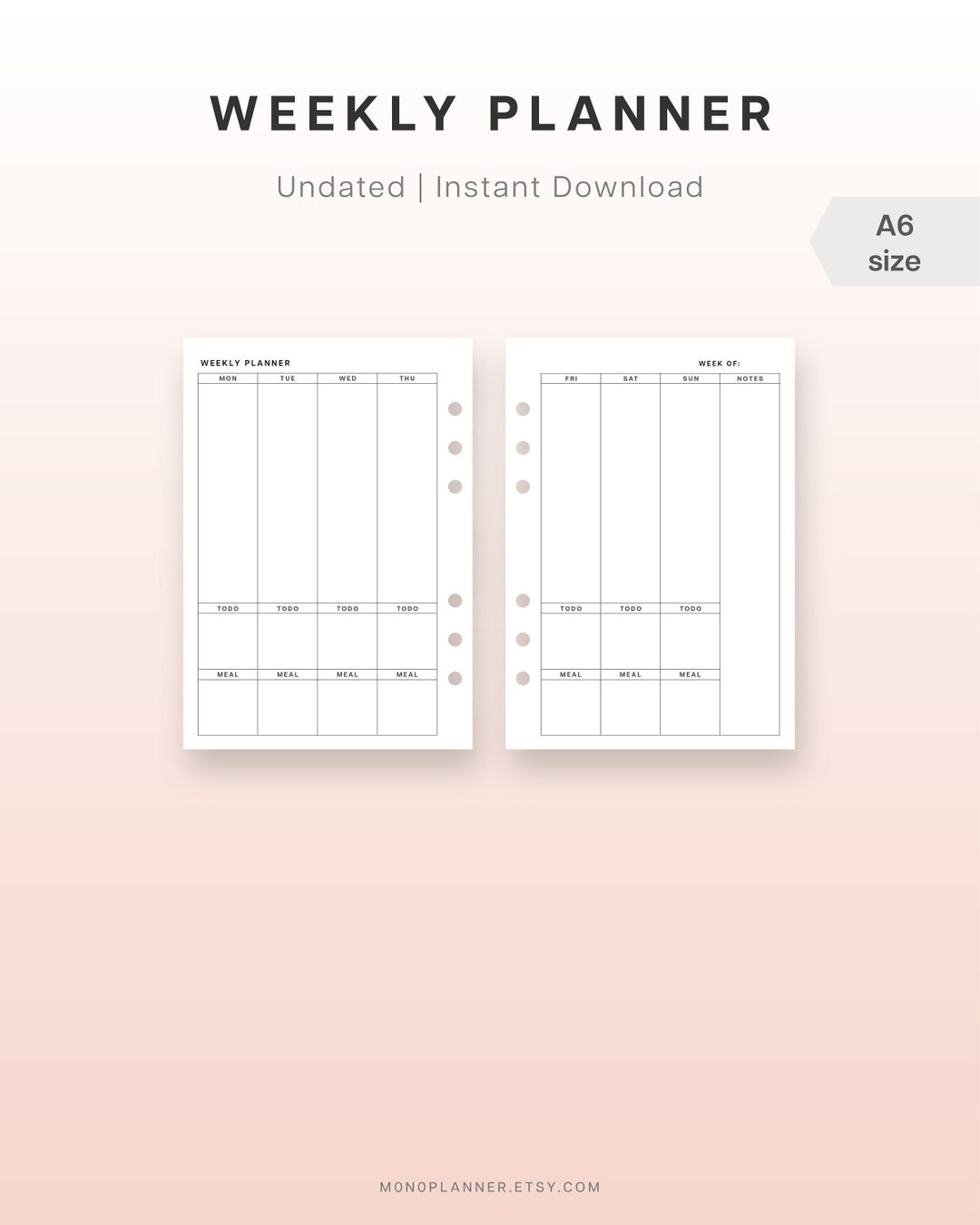 A6 Undated Weekly Printable Planner Week on Two Pages Simple - Etsy