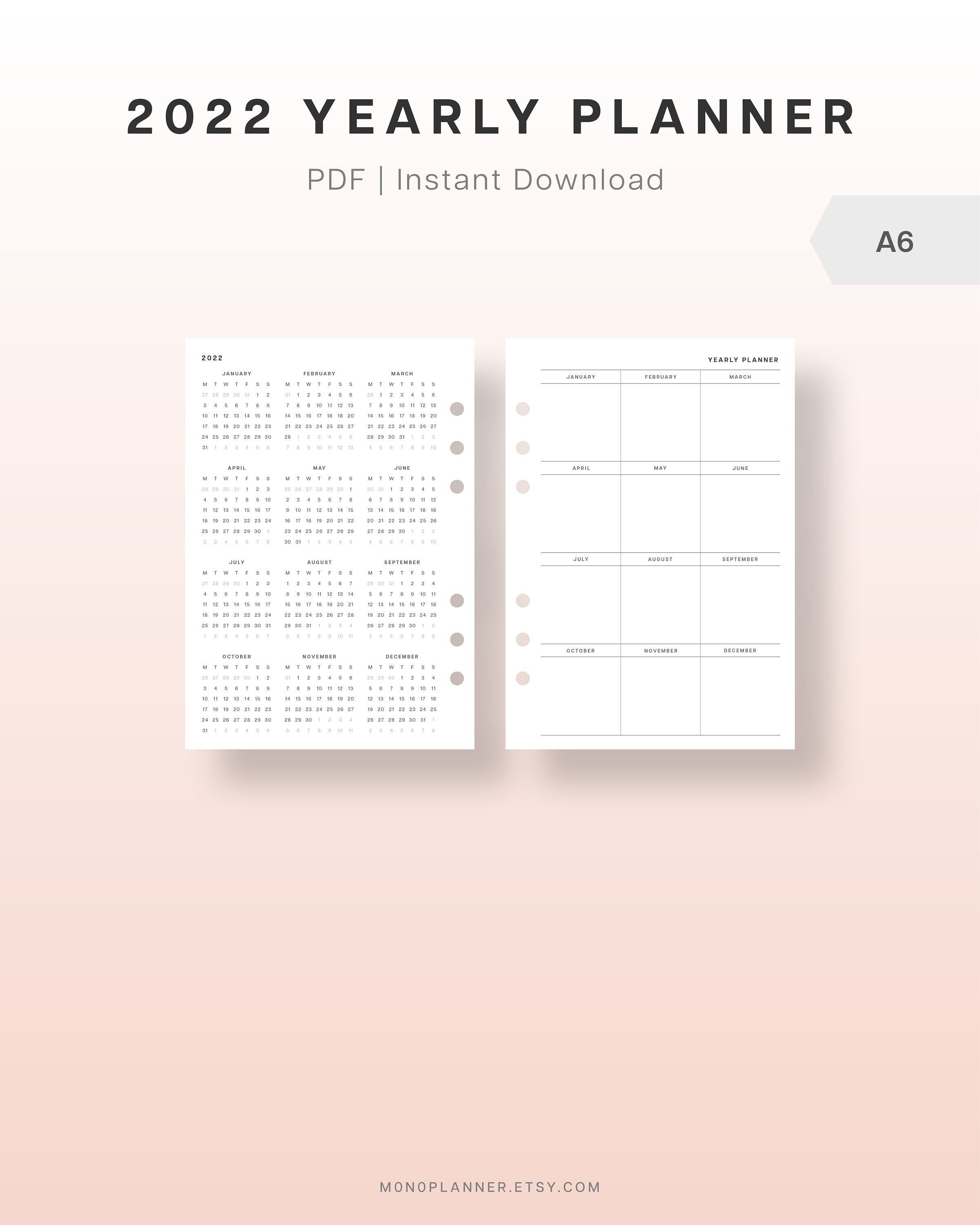 2022 A6 Calendar Printable Planner Inserts 2022 Year at a Etsy
