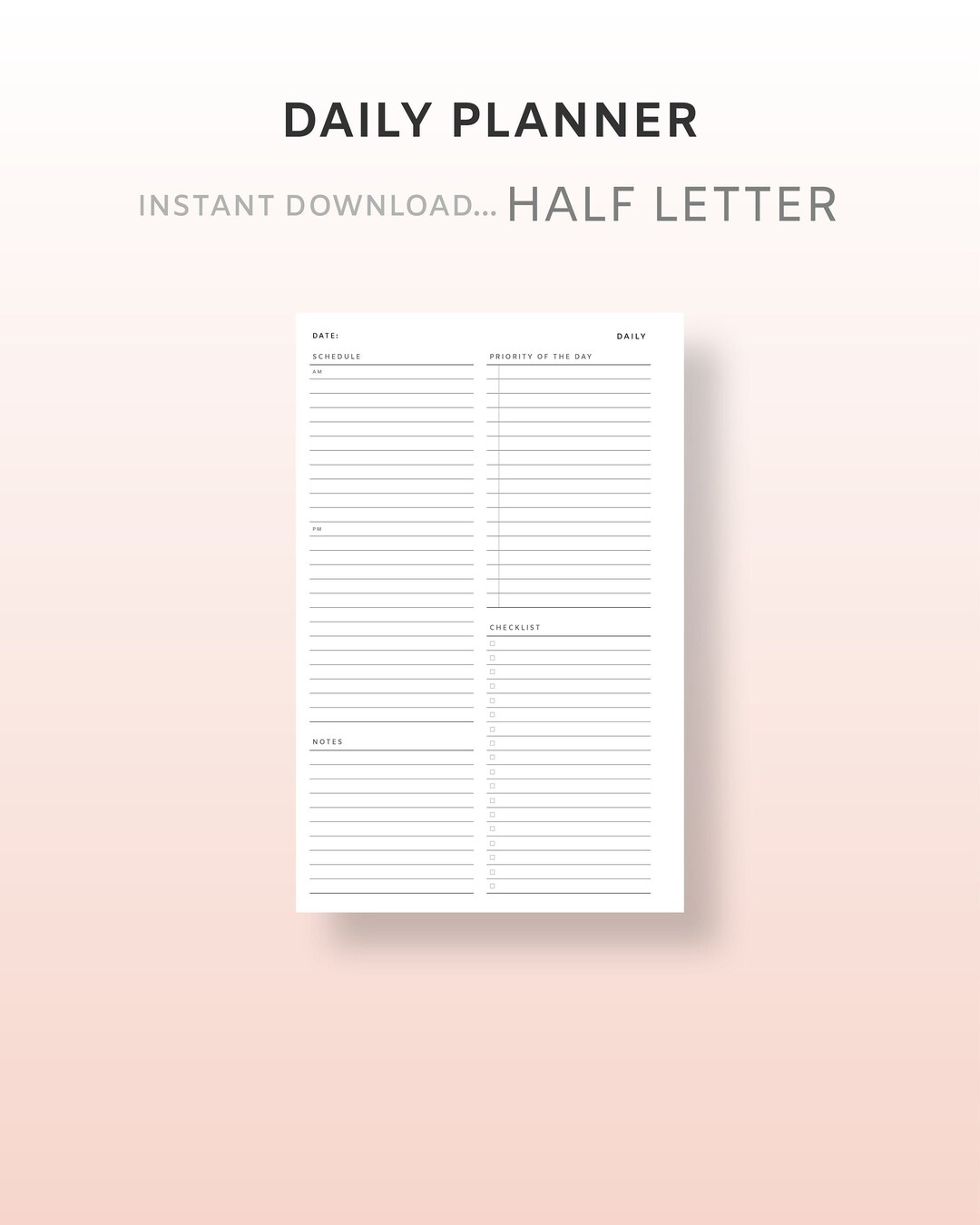 Half Letter Daily Printable Planner Undated AM PM Schedule - Etsy