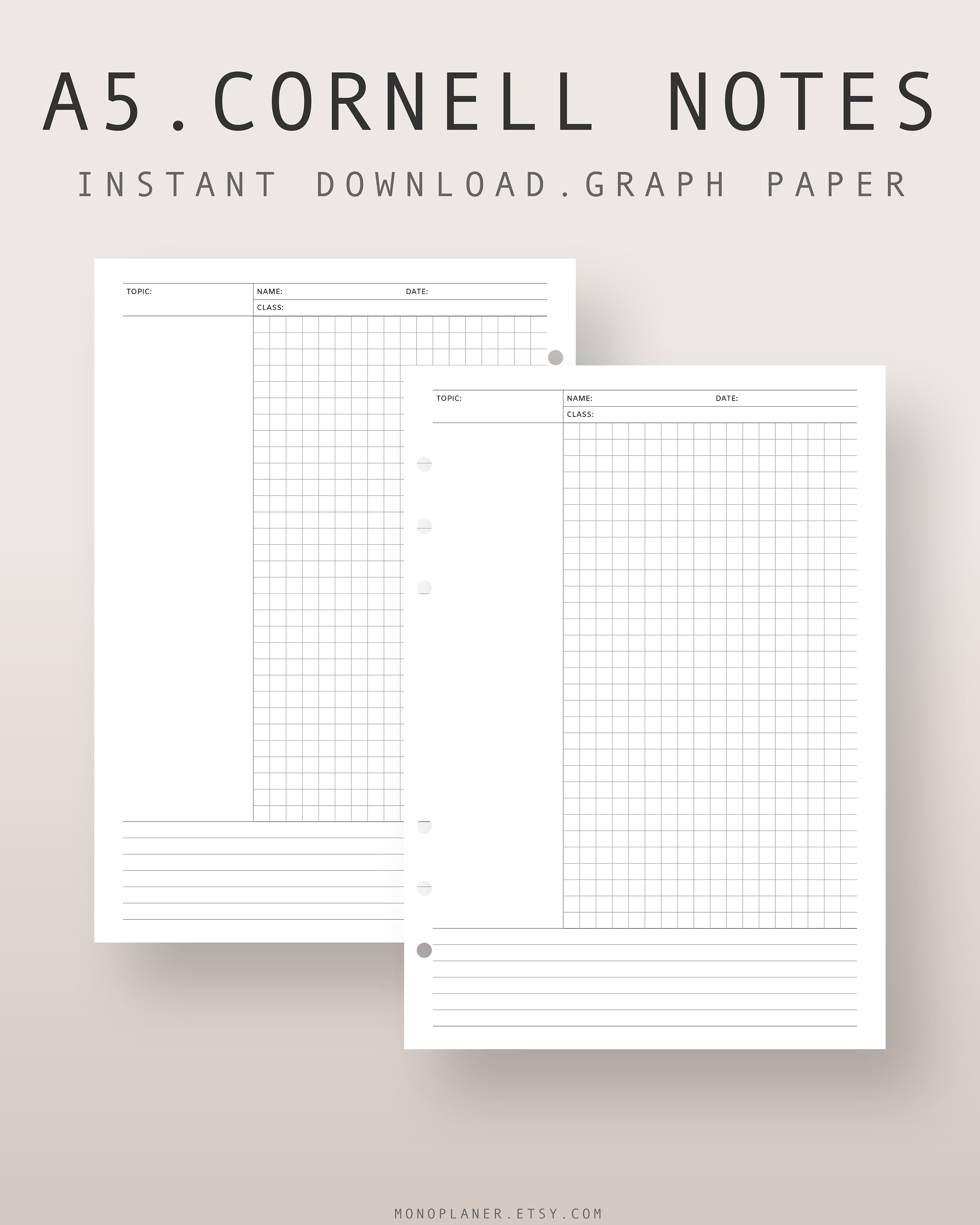 A5 Cornell Notes with Graph Paper PDF Inserts / Student | Etsy