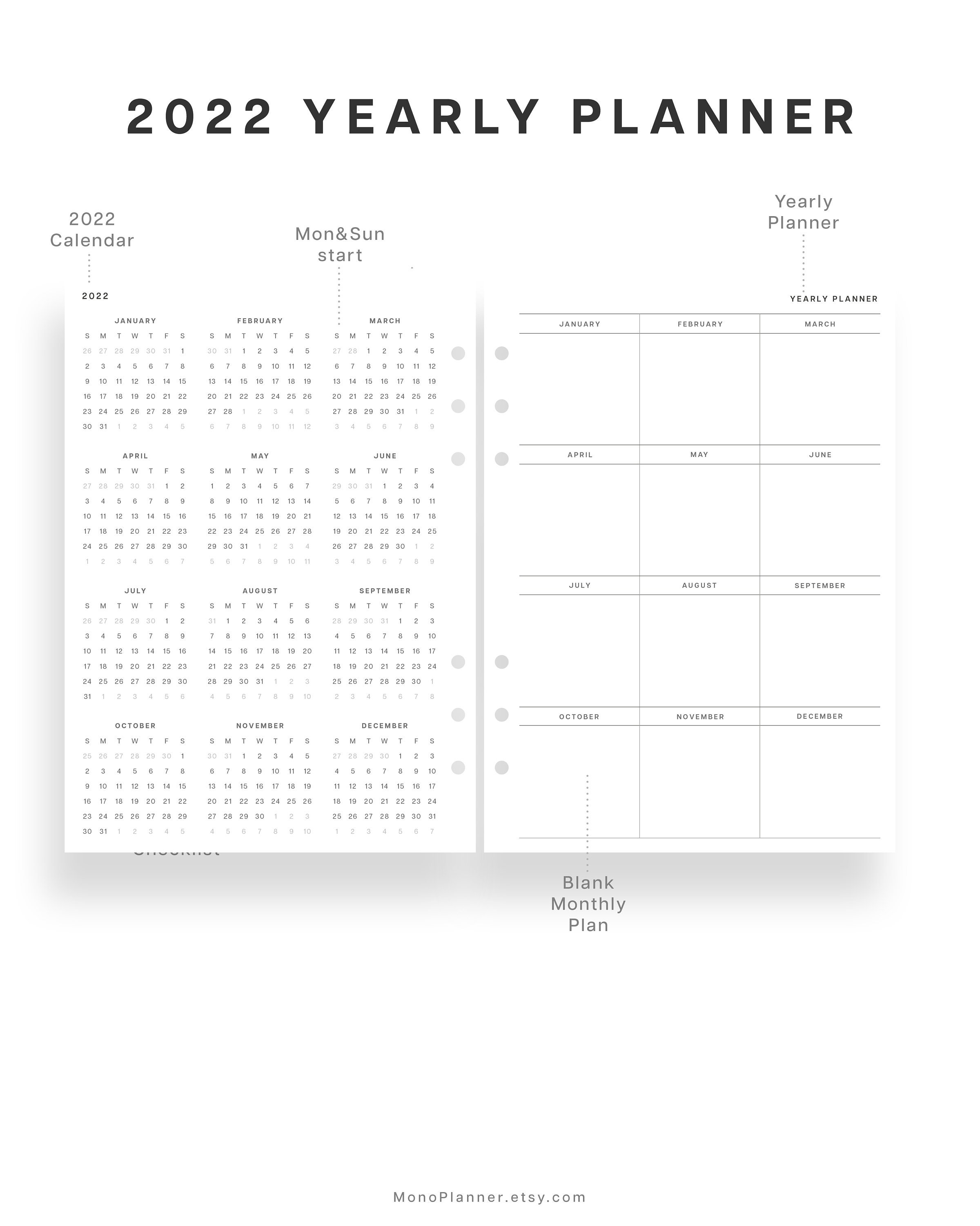 2022 A6 Calendar Printable Planner Inserts 2022 Year at a Etsy