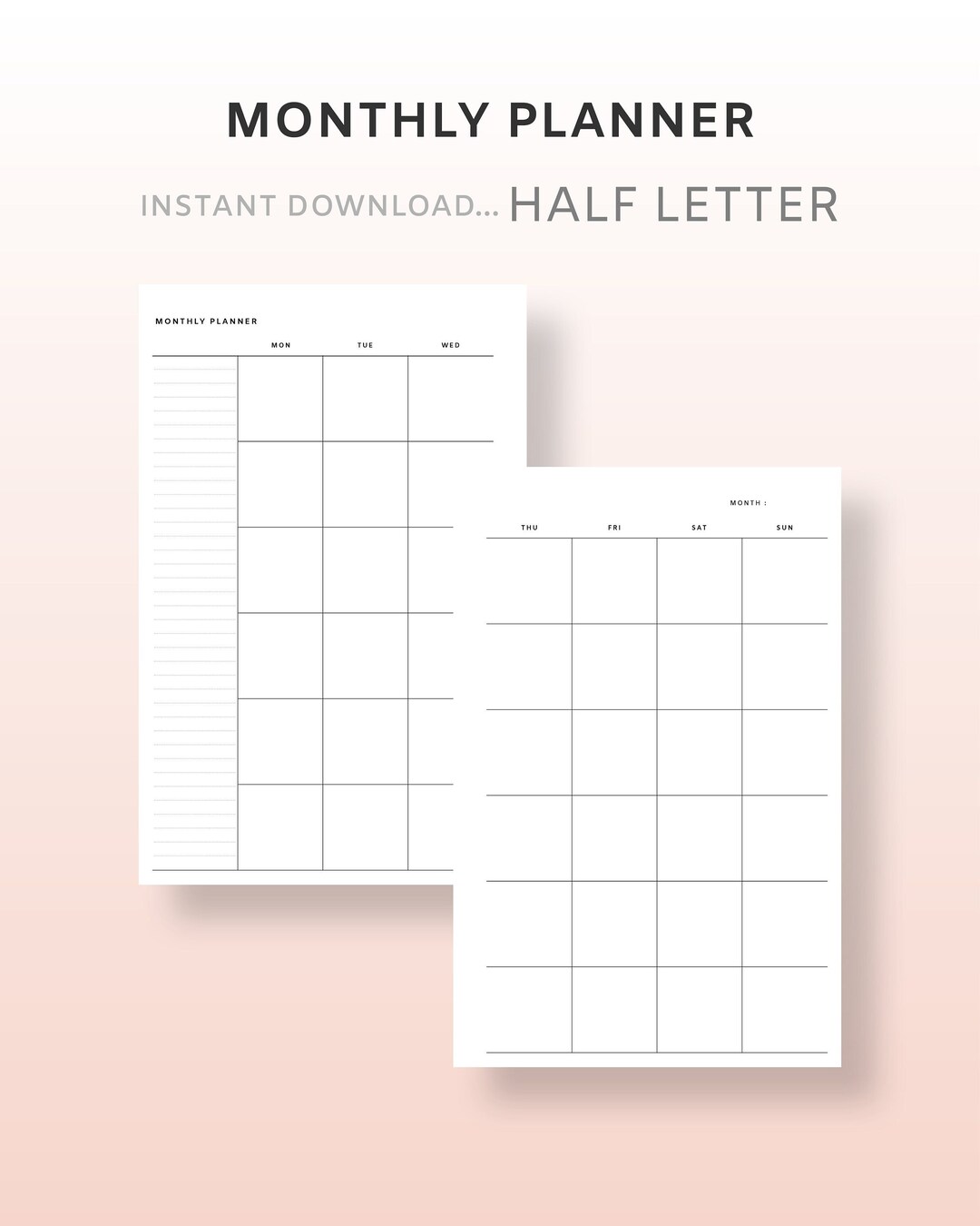 Half Letter Undated Monthly Planner PDF Month on Two Pages - Etsy New ...