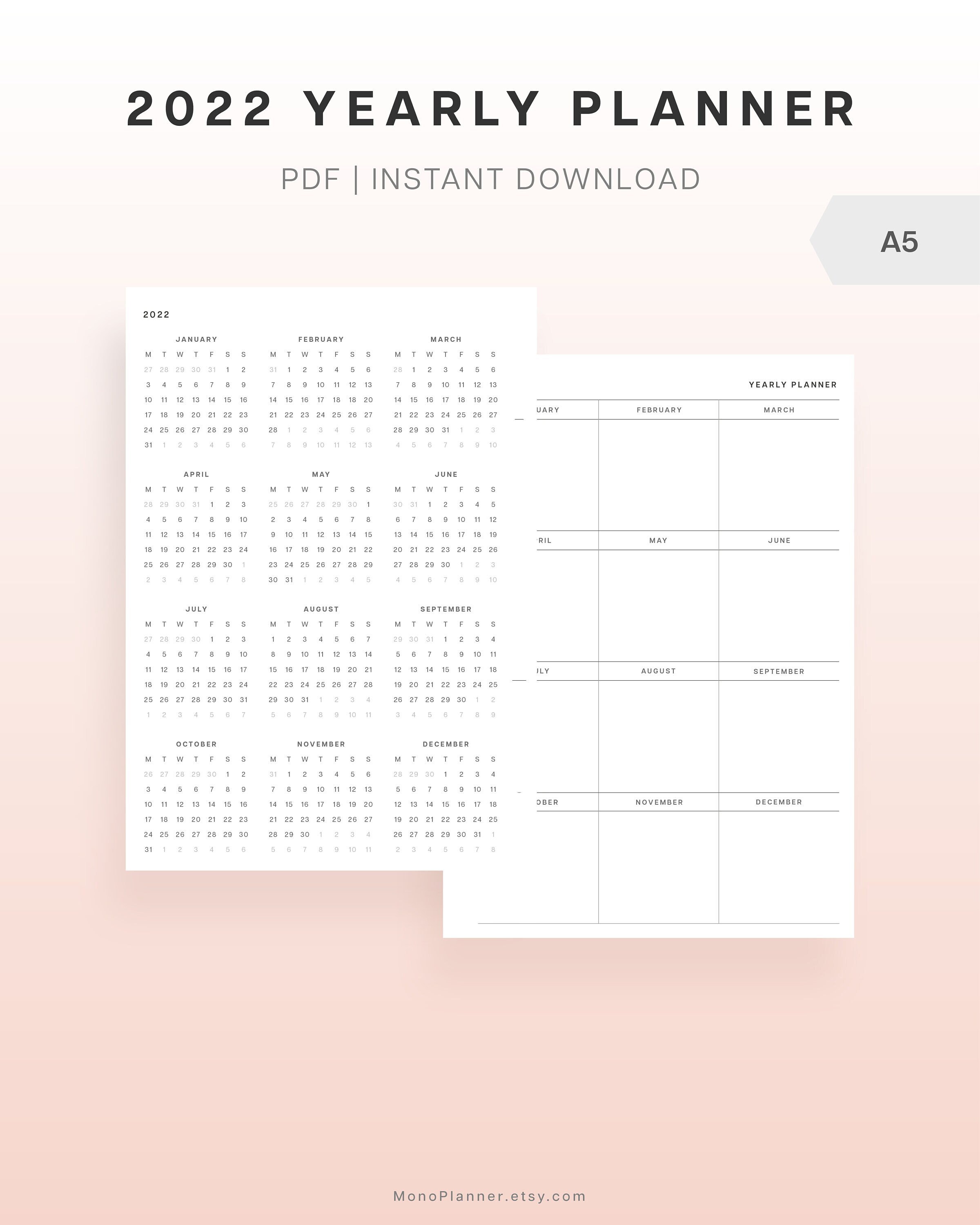 2022 A5 Calendar Printable Planner Inserts 2022 Year at a - Etsy