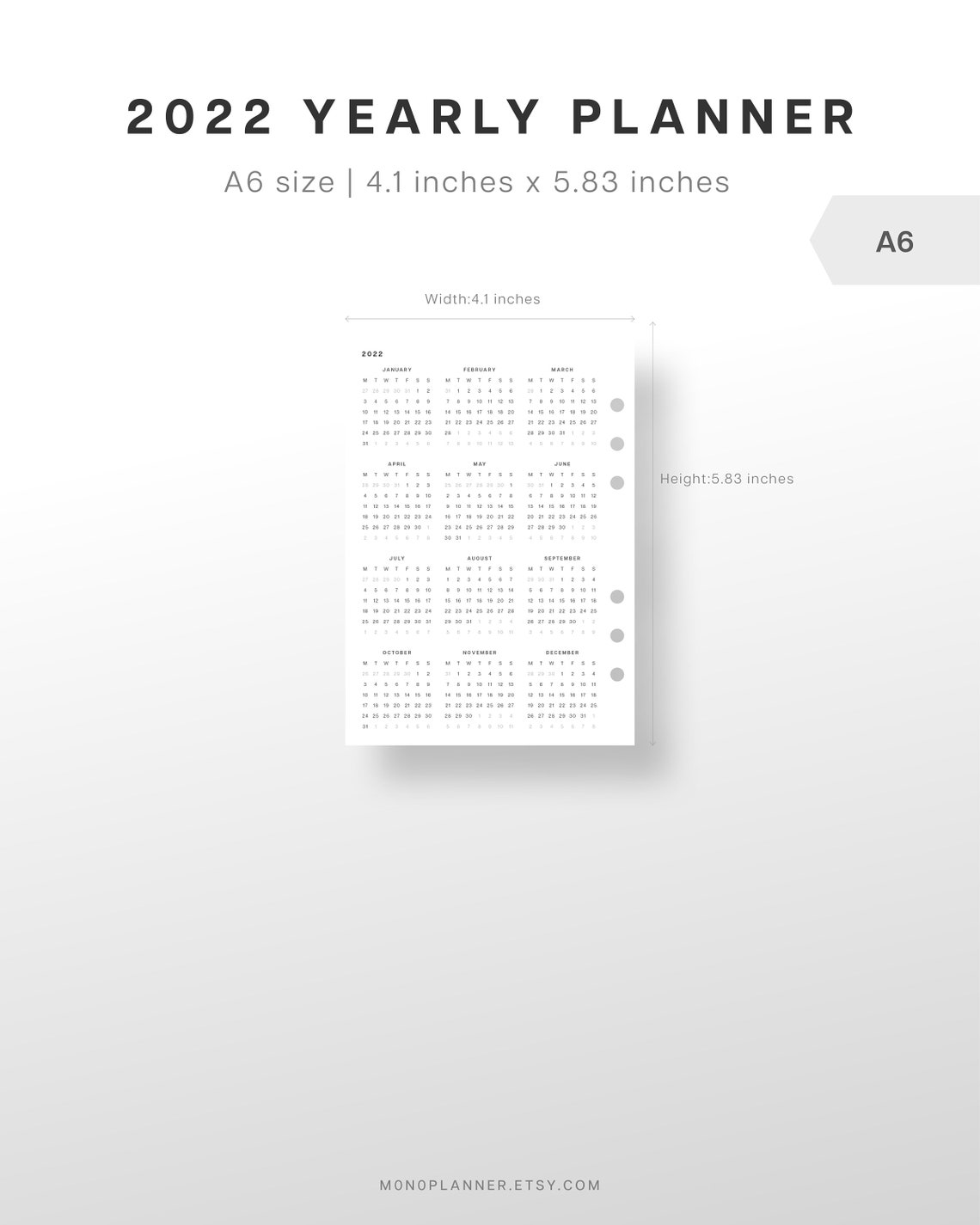 2022 A6 Calendar Printable Planner Inserts 2022 Year at a Etsy