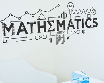May include: A white wall with a black and white graphic design of the word "MATHEMATICS" with various mathematical symbols and shapes. A white chair and a blue and white notebook are in the foreground.