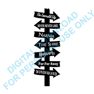 Sinal de setas de destino de livro de biblioteca - Hogwarts, Nárnia, Condado, Cidade Esmeralda, etc. Download digital para uso pessoal