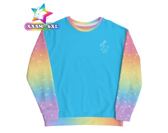 May include: A light blue long-sleeved sweatshirt with rainbow ombre sleeves and white stars. The sweatshirt has a small white bunny graphic on the front and the text "XXSM - 6XL" on the top left corner.