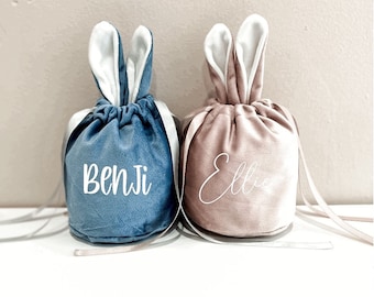 Personalized Easter Velvet drawstring bunny ear bags luxury gift bag kids children baby egg hunt sack pouch treat bag USA American seller