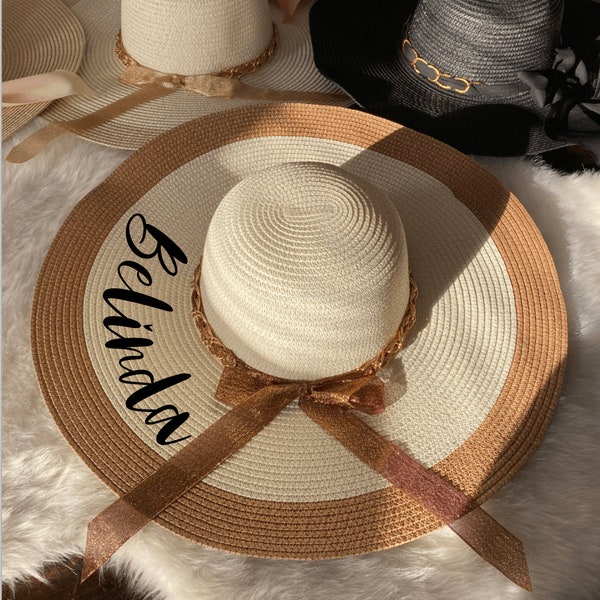 Personalized floppy hat with ribbon chain 7 colors summer vacation pool Honeymoon Beach Hat, Summer Party Hat, wide brim, bachelorette gift