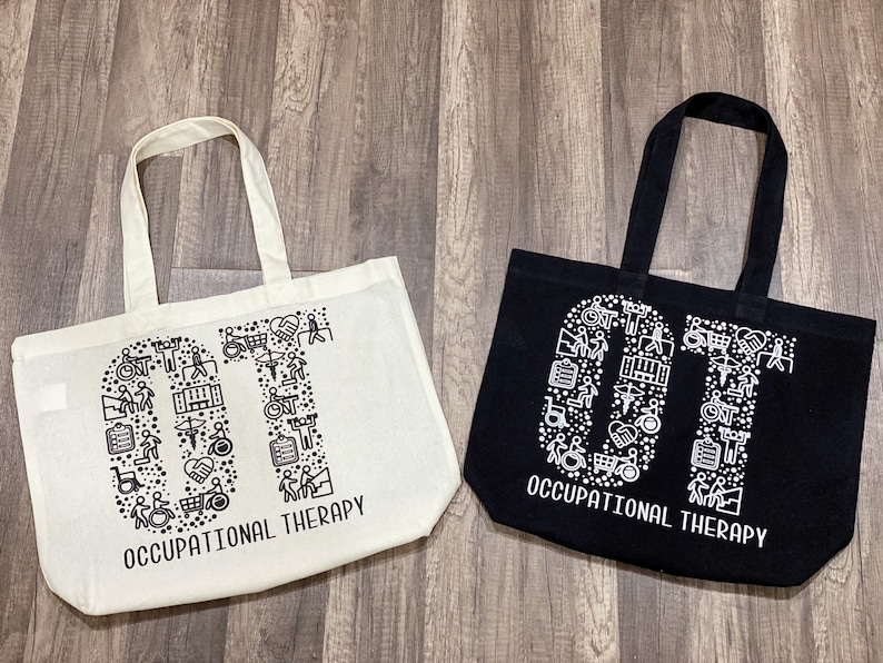 May include: Two tote bags with the letters "OT" made up of small icons related to occupational therapy. The text "Occupational Therapy" is printed below the letters on both bags. One bag is white with black icons and text, and the other bag is black with white icons and text.