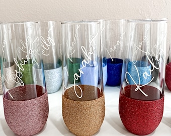 Personalized Glitter Champagne Stemless Flute, Bride, Bridesmaid, Maid of Honor, Wedding, Birthday Party, Gift, Custom, Bachelorette, Set of
