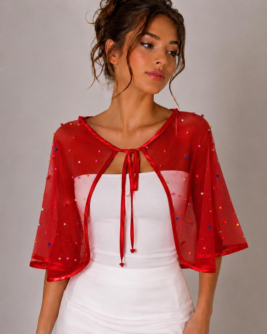 Red Bolero Sheer Tulle Beaded Shrug