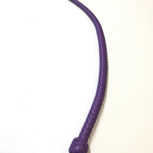 May include: A purple leather whip with a braided design and a knotted handle.