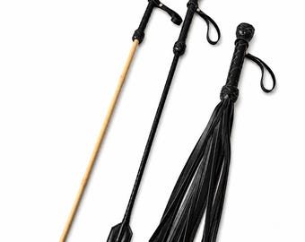 Leather Spanking Set - Bamboo Cane 29”, Riding Crop 29”, 30 Tail Flogger 13.8” - Handmade