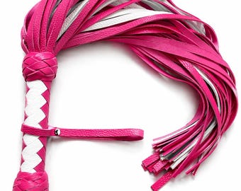 Látigo de cuero de 50 colas - Látigo de cuero genuino hecho a mano, rosa y blanco