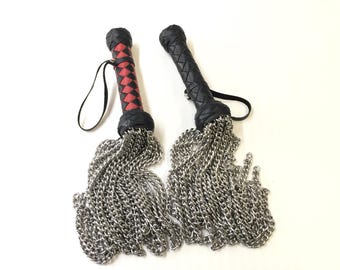 Heavy Chain Flogger 18,8" Spanking Metal Whip Braided Leather Handle - Handmade