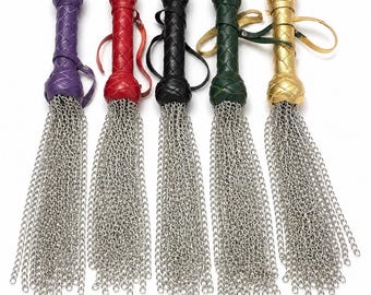 Heavy Chain Flogger 18.8”- Handmade Metal Spanking Whip with Braided Leather Handle