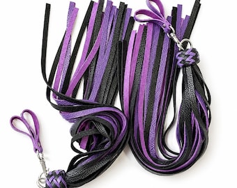 Leather Finger Flogger 30 Tails, Spanking Whip, Swivel Wrist Flogger - Handmade