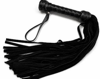 Leather Flogger 45 Tails Black Suede, Soft Impact Play Whip - Handmade