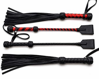 Leather Spanking Set - Flogger 30 Tail & Riding Crop 19.7" Impact play Whip - Handmade