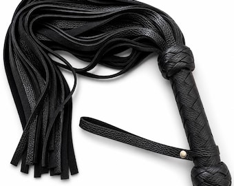 Black Leather Flogger, Thuddy Whip 50 Tail Impact Play - Handmade