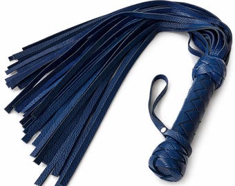 Heavy Leather Flogger Blue 27.6 inch, Genuine Leather Whip with 50 Long Tails - Handmade