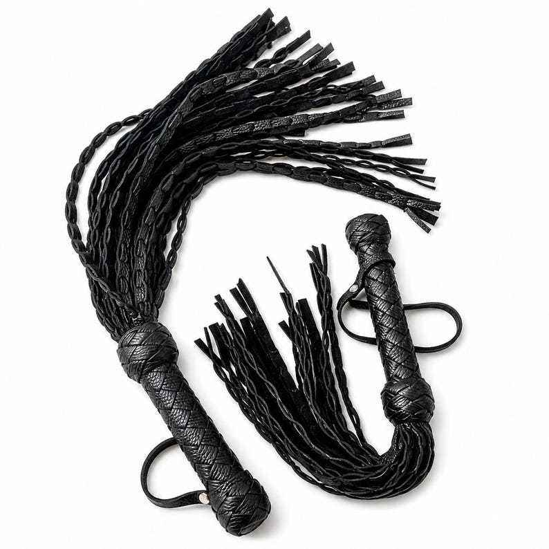 Double Tail Leather Flogger Set, Handmade Genuine Leather Whip Kit (25” + 19.7”) image 1