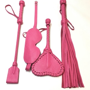 Leather Paddle Heart 10,6&quot; Riding Crop 19,7&quot; Flogger 30 Tail Leather Set - Handmade