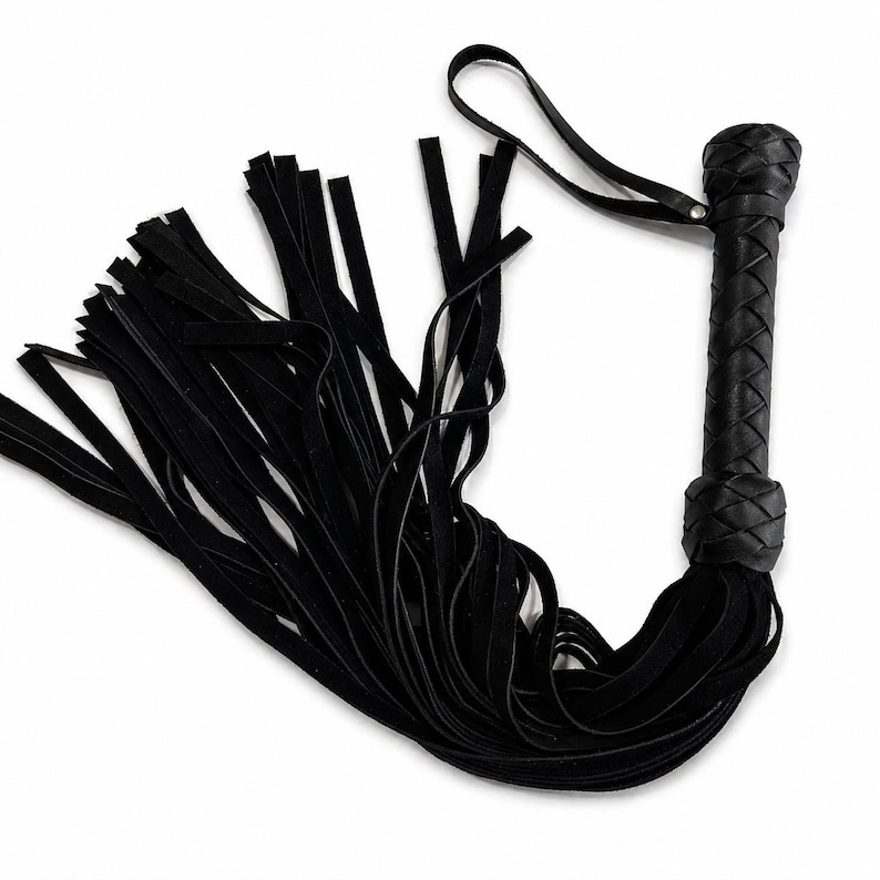 May include: A black leather flogger with a braided handle and a loop. The flogger features numerous long, thin, black leather falls. The handle is round and has a decorative knot at the base.