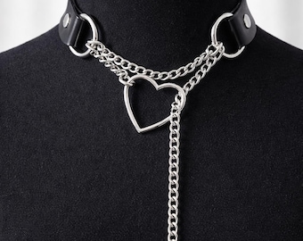 Gargantilla de cuero con cadena y forma de corazón - Collar gótico ajustable con aro en O, joyería punk hecha a mano