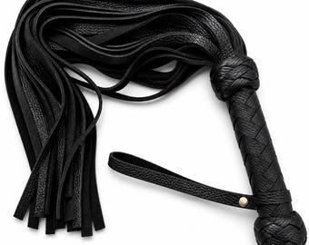 Black Leather Flogger, Thuddy 50 Tail Impact Play - Handmade