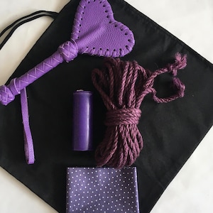 Leather Paddle Heart 10,6&quot; Kit Shibari Jute Rope 26,25ft - 0,24&quot; Wax Candle - Handmade