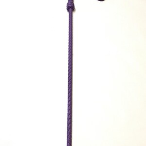 May include: A purple leather whip with a braided design and a loop handle.