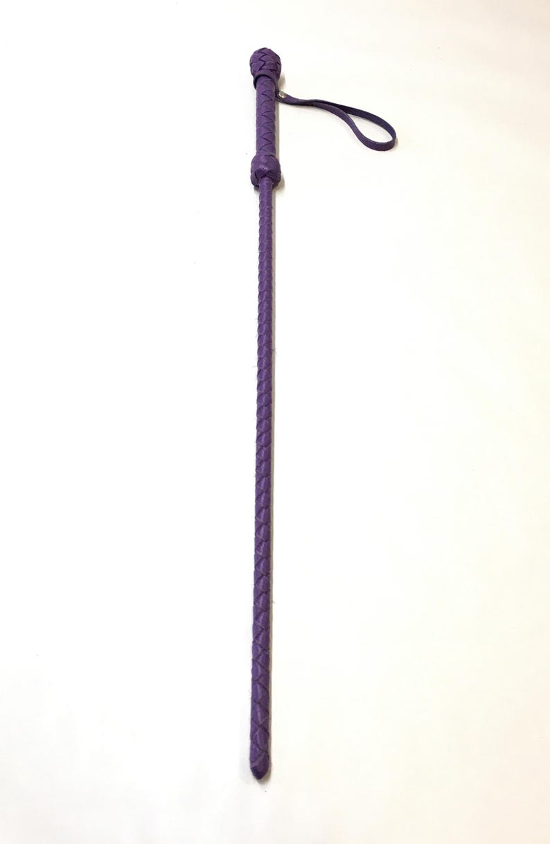 May include: A purple leather whip with a braided design and a loop handle.