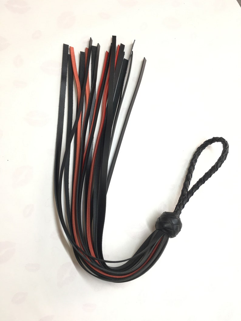 May include: A black and red leather flogger with a braided handle and a knotted base. The flogger features multiple leather strips in black and red, with a braided loop at the end of the handle.