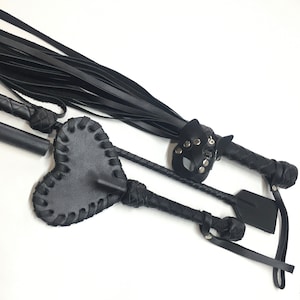 Flogger 30 Tail 13,8&quot; Leather Riding Crop  19,7&quot; Heart Paddle - 10,6&quot; Leather Keychain Gift - Handmade