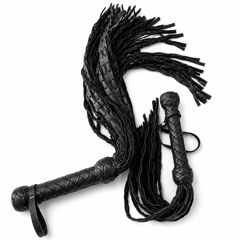 Double Tail Leather Flogger Set, Handmade Genuine Leather Whip Kit (25” + 19.7”) image 2