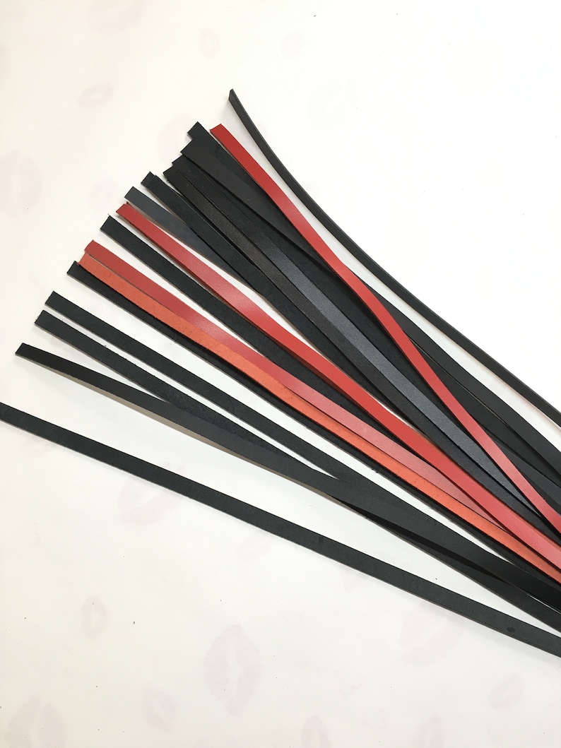 May include: A bundle of leather strips in black, red, and gray. The strips are thin and appear to be cut from a larger piece of leather. The strips are arranged in a fan-like pattern, with some overlapping others.