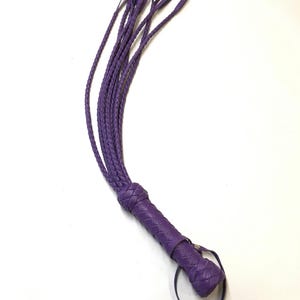 May include: A purple leather whip with a braided handle and a loop at the end.