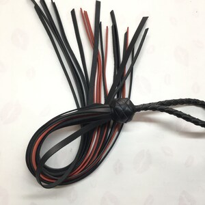 May include: A black and red leather whip with a braided handle and a decorative knot. The whip's strands are black and red, fanning out from the knot. The handle is braided, and the overall design is sleek and functional.