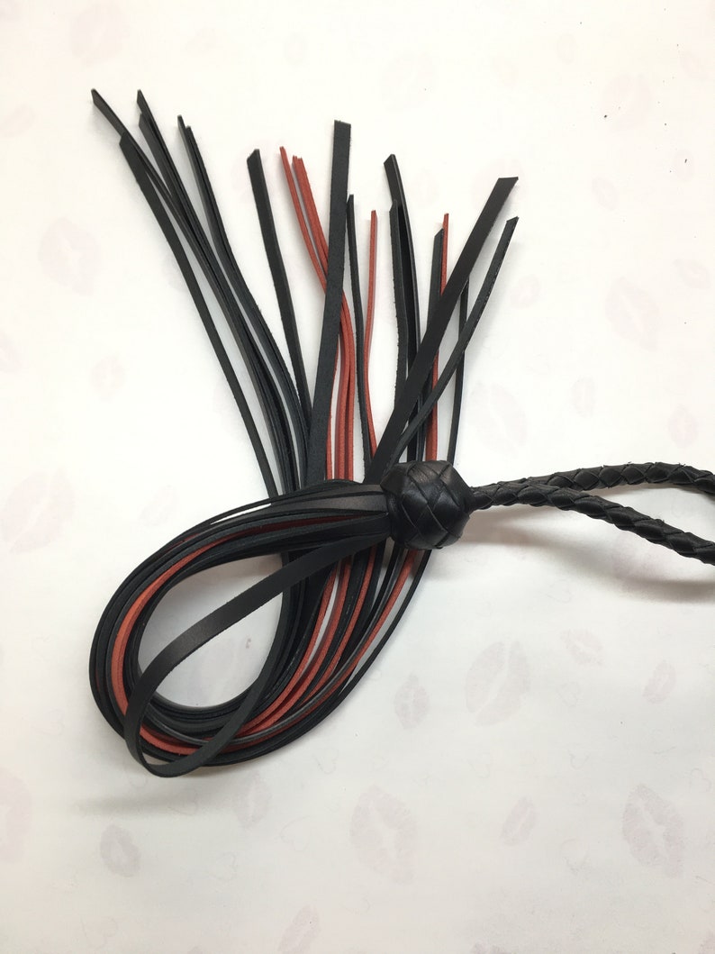 May include: A black and red leather whip with a braided handle and a decorative knot. The whip's strands are black and red, fanning out from the knot. The handle is braided, and the overall design is sleek and functional.